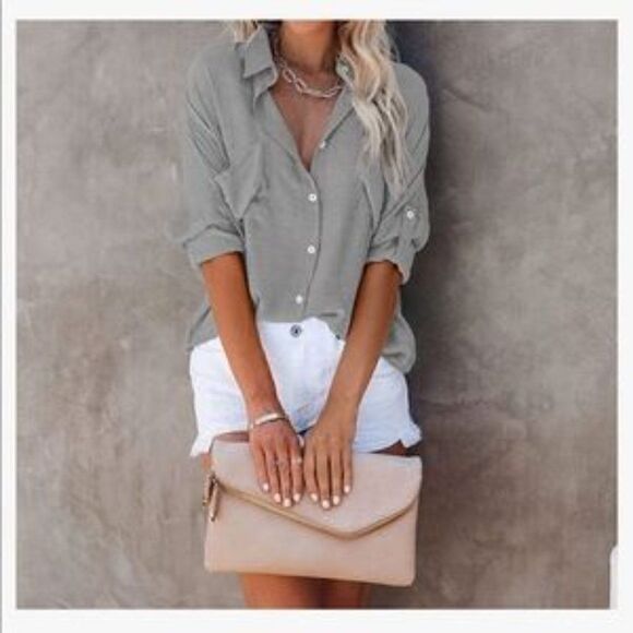 New Casual Roll Up Sleeves Button Down Shirt - Picture 1 of 5